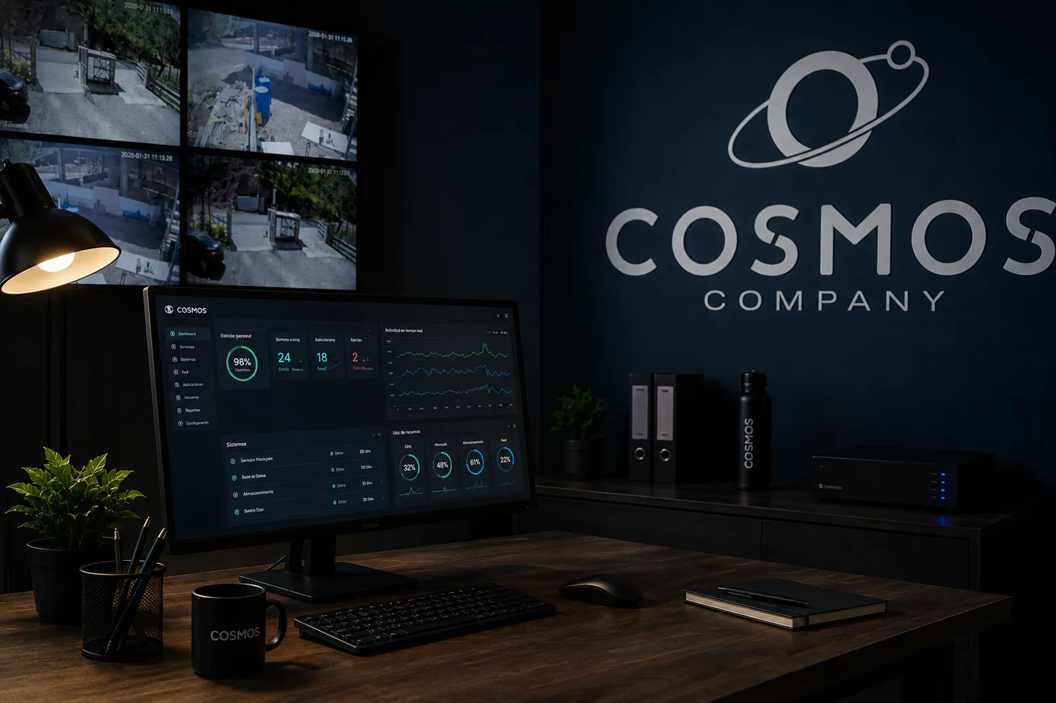 Visualización conceptual del centro de operación de COSMOS con software y videovigilancia